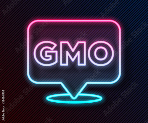 Glowing neon line GMO icon isolated on black background. Genetically modified organism acronym. Dna food modification. Vector.