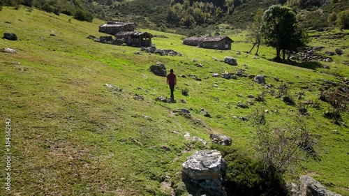 Hiker Walking through a Livestock in a green Valley. Sport, Fitness and Healthy Environment. Asturias, Spain.