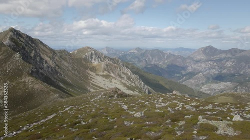 Aerial Mountaintop Ridge back after Reaching the Summit. Hikking route in a Rocky Environment. Healthy lifestyle. Asturias, Spain