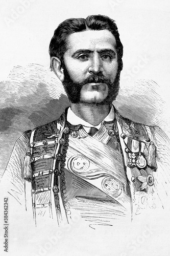 KIng Nicholas I of Montenegro. 1841-1921. Antique illustration. 1875.