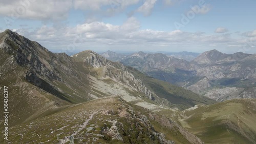 Aerial Mountaintop Ridge back after Reaching the Summit. Hikking route in a Rocky Environment. Healthy lifestyle. Asturias, Spain
