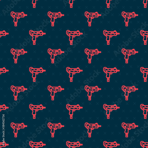Red line UZI submachine gun icon isolated seamless pattern on black background. Automatic weapon. Vector.