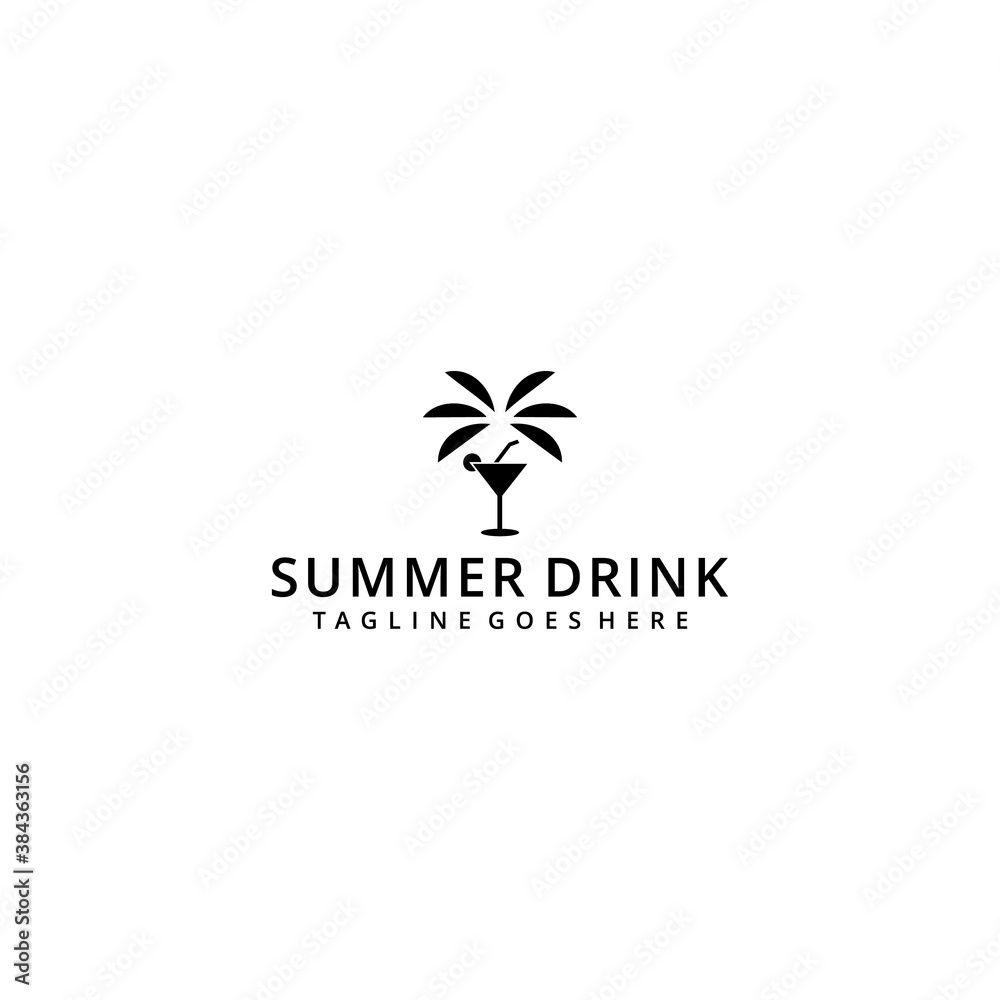 Illustration abstract summer palm tree with fresh drink cocktails sign logo design template 