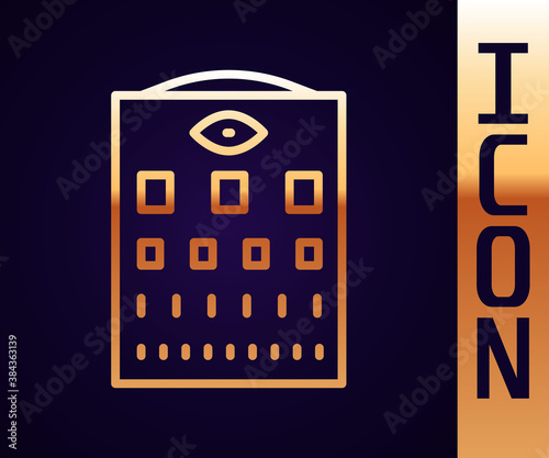 Gold line Eye test chart icon isolated on black background. Poster for vision testing in ophthalmic study. Snellen chart. Vector.