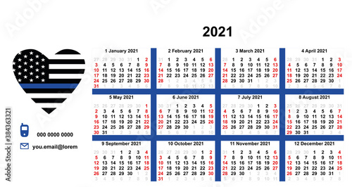 Calendar 2021, diary monthly planner with American flag with thin blue line in heart shape
