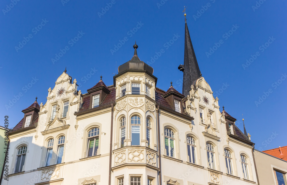 Church tower and historic houses in Weimar, Germany