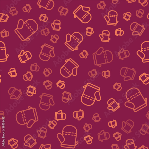 Brown line Oven glove icon isolated seamless pattern on red background. Kitchen potholder sign. Cooking glove. Vector.