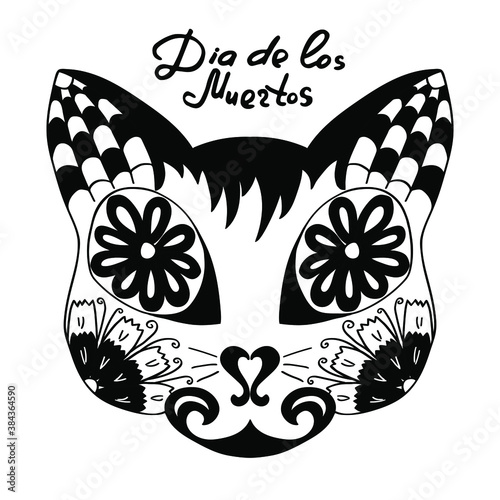 Mexican holiday Day of the Dead Celebration Festival and Halloween. Sugar skull of cat for poster, card, print, emblem, sign, tattoo, t-shirt. background. .  Black and white vector illustration 