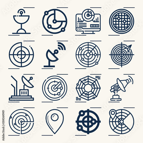 Simple set of dish antenna related lineal icons.