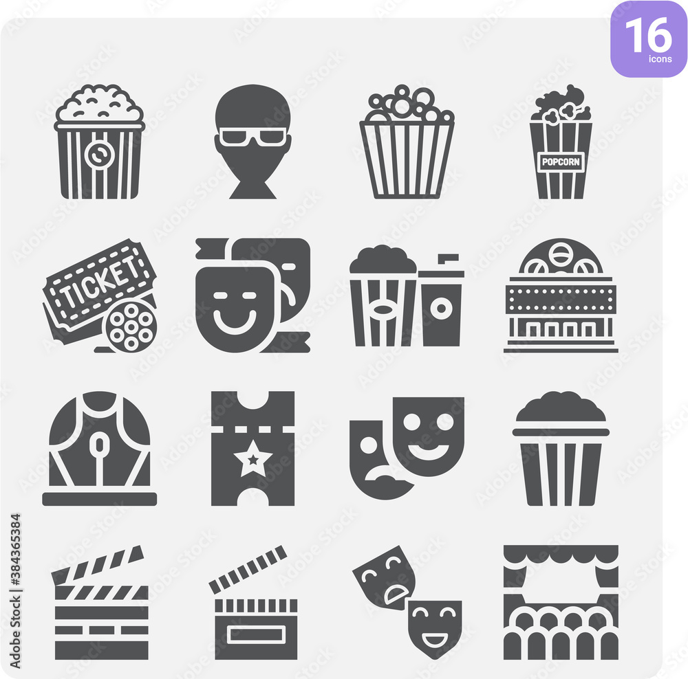 Simple set of movie house related filled icons. Simple set of movie house related filled icons.