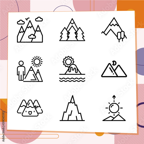 Simple set of 9 icons related to peaks
