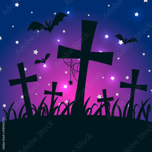 Halloween Greeting Card. Silhouette of graveyard with crosses with bats and cobwebs with spider.