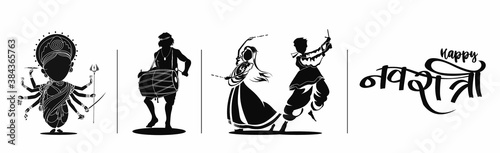 Men playing dhol tasha in Indian festival happy navratri with dancing garba, Hand Drawn Sketch Vector illustration.