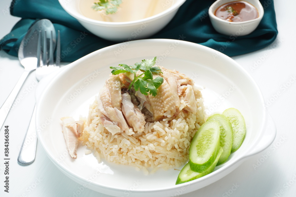 Chicken Rice with spicy sauce and  soup,  Thai Food