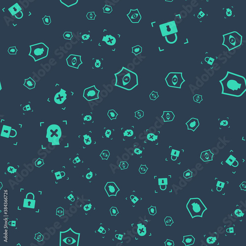 Set Shield eye scan, Fingerprint with lock, Rejection face recognition and User protection on seamless pattern. Vector.