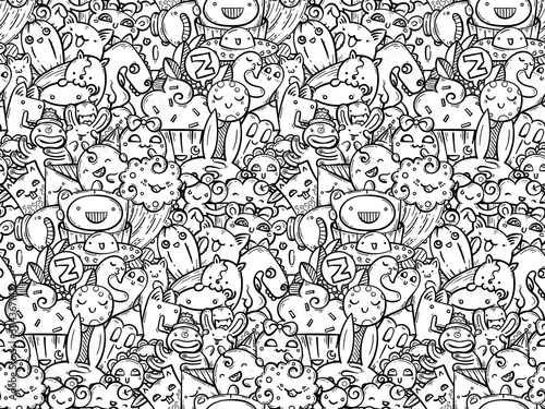 Kawaii doodle smiling monsters seamless pattern for child prints, designs and coloring books