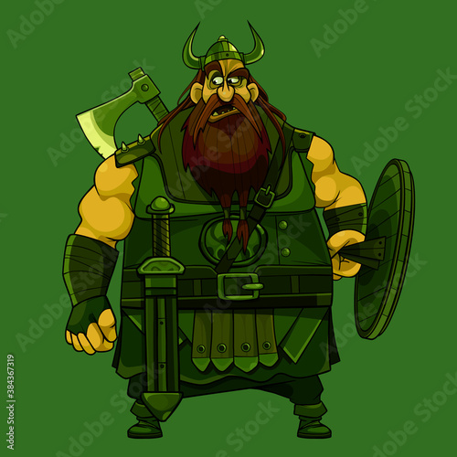 cartoon hefty bearded viking wearing a horned helmet and weapons