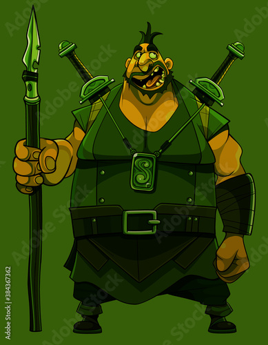 funny cartoon viking warrior with a spear in his hand and swords behind his back