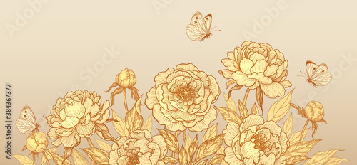 Obraz na plátně Luxurious Background with Golden Peony Flowers