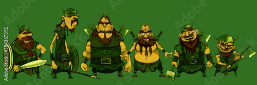 set of cartoon fairytale characters armed viking warriors