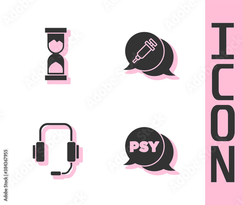 Set Psychology, Psi, Old hourglass, Psychologist online and Addiction to the drug icon. Vector.