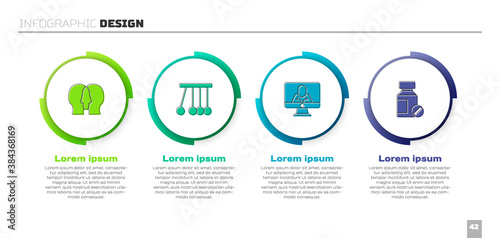Set Bipolar disorder, Pendulum, Psychologist online and Sedative pills. Business infographic template. Vector.