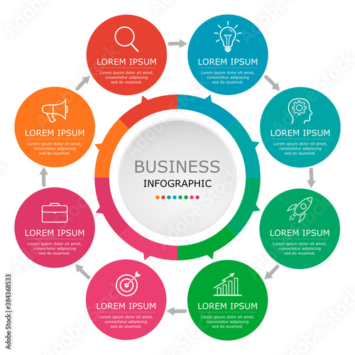 Business infographic Vector with 8 steps. Used for presentation,information,education,connection,marketing,
project,strategy,technology,learn,brainstorm,creative,growth,abstract,stairs,idea,text,work.
