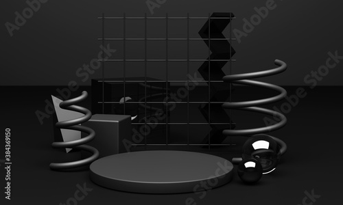 Black podium 3d rendering used for additional product  Minimal style with geometric shape in black colour tone