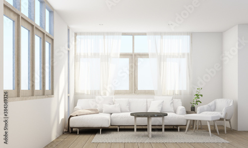 Stylish living room interior with comfortable sofa wooden floor and sheer curtain 3d rendering