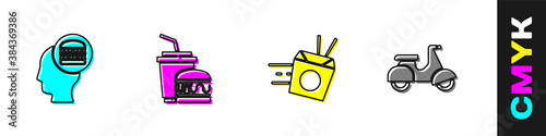 Set Online ordering and delivery, Paper glass burger, noodles and Scooter icon. Vector.