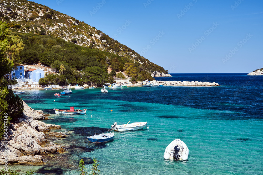 Boats in a rocky bay on the island of Kefalonia