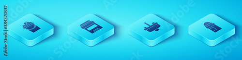Set Isometric Bucket with soap suds, Antiperspirant deodorant roll, and Washbasin water tap icon. Vector.