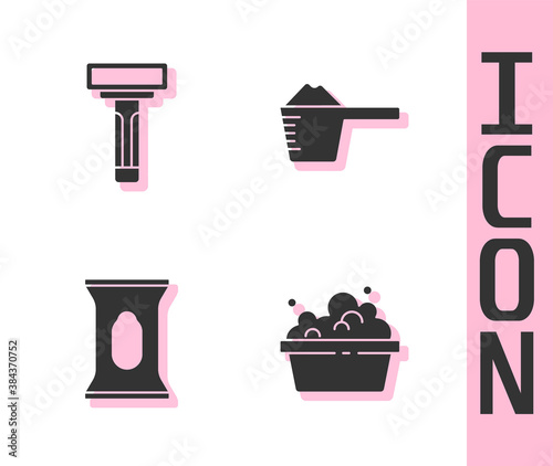 Set Basin with soap suds, Shaving razor, Wet wipe pack and Washing powder icon. Vector.
