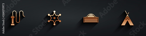 Set Leather whip, Hexagram sheriff, Saloon door and Indian teepee wigwam icon with long shadow. Vector.