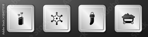 Set Quiver with arrows, Hexagram sheriff, Tooth and Coal mine trolley icon. Silver square button. Vector.