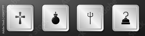 Set Tombstone with cross, Bomb ready explode, Neptune Trident and Pirate hook icon. Silver square button. Vector.