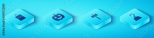 Set Isometric Burning candle, Pumpkin, Pirate hook and Wooden axe icon. Vector.