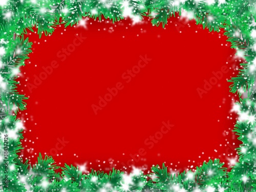 Christmas background. Spruce branches with snow and stars. Empty festive background.