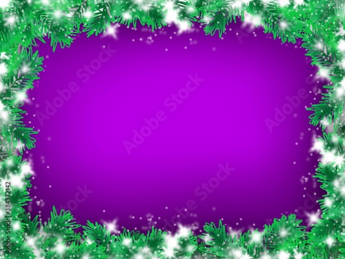 Christmas background. Spruce branches with snow and stars. Empty festive background.