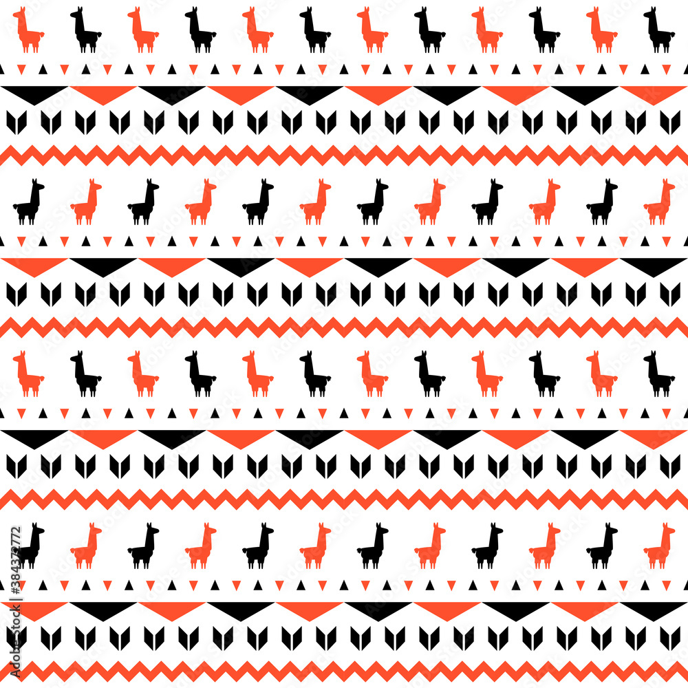 Seamless pattern with llama. Ethnic geometric striped background. Traditional colorful ornament.