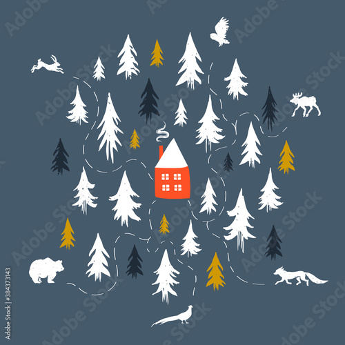 Wild animals in a pine forest and cabin design. Vector illustration