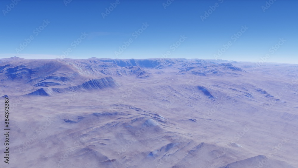 Beautiful alien landscape, panorama of the surface of a fantasy planet, unknown world in space. 3D Render