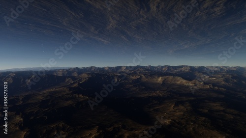 Beautiful alien landscape  panorama of the surface of a fantasy planet  unknown world in space. 3D Render