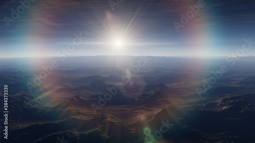 Beautiful alien landscape, panorama of the surface of a fantasy planet, unknown world in space. 3D Render