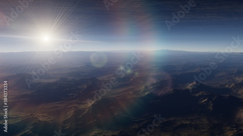 Beautiful alien landscape, panorama of the surface of a fantasy planet, unknown world in space. 3D Render © ANDREI