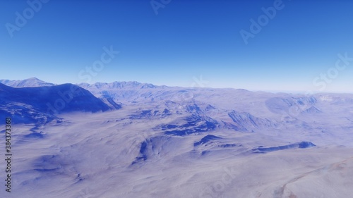 Beautiful alien landscape, panorama of the surface of a fantasy planet, unknown world in space. 3D Render © ANDREI
