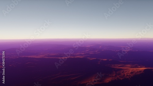 Beautiful alien landscape, panorama of the surface of a fantasy planet, unknown world in space. 3D Render