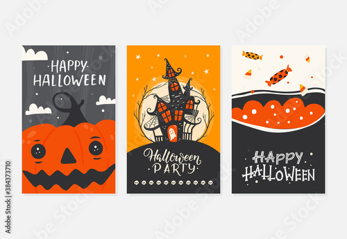 Halloween greeting cards set with handwritten lettering and traditional symbols