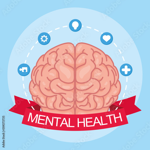 Mental Health Day lettering with brain and set icons in ribbon frame