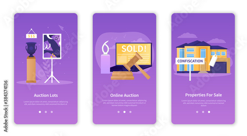 Set of abstract vector illustrations is devoted to the implementation of different auctions and bidding procedures. Flat cartoon vector illustration.
